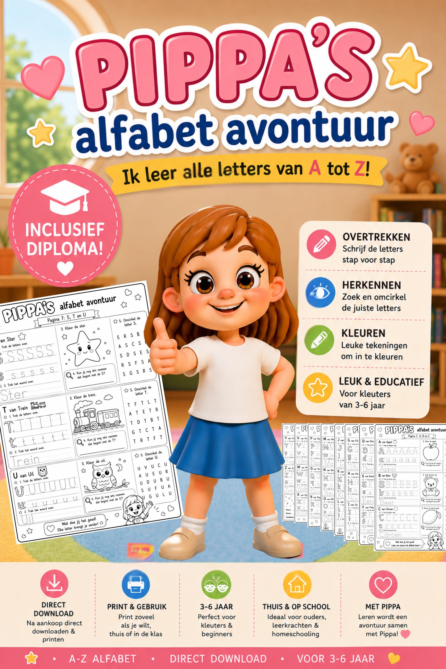 Letters leren met Pippa – Printable werkbladenset
