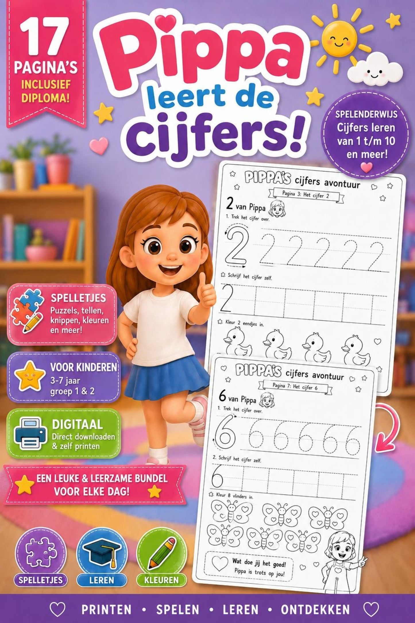 Cijfers leren met Pippa – Printable werkbladenset