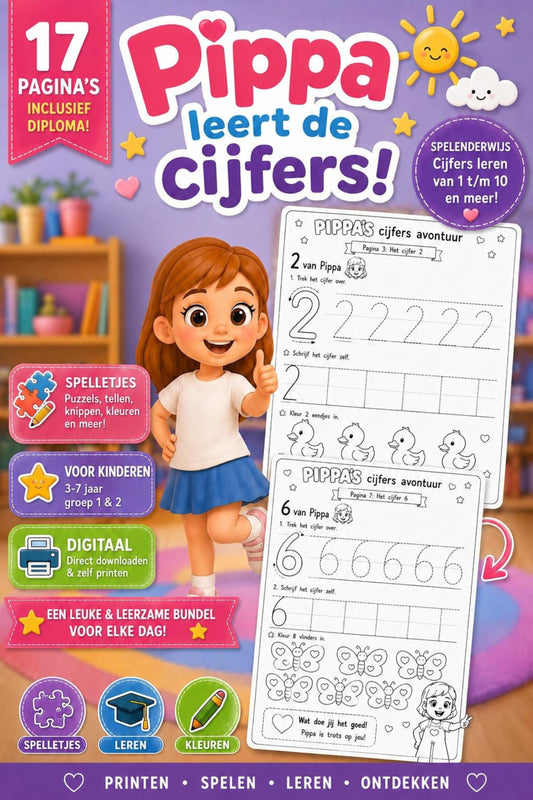 Cijfers leren met Pippa – Printable werkbladenset